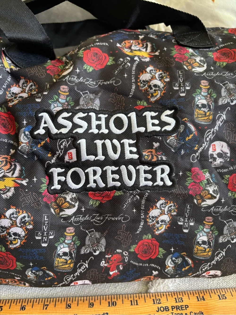 ALF ******** Live Forever Emotional Baggage Skull Bottle Strap Duffle Bag Roses